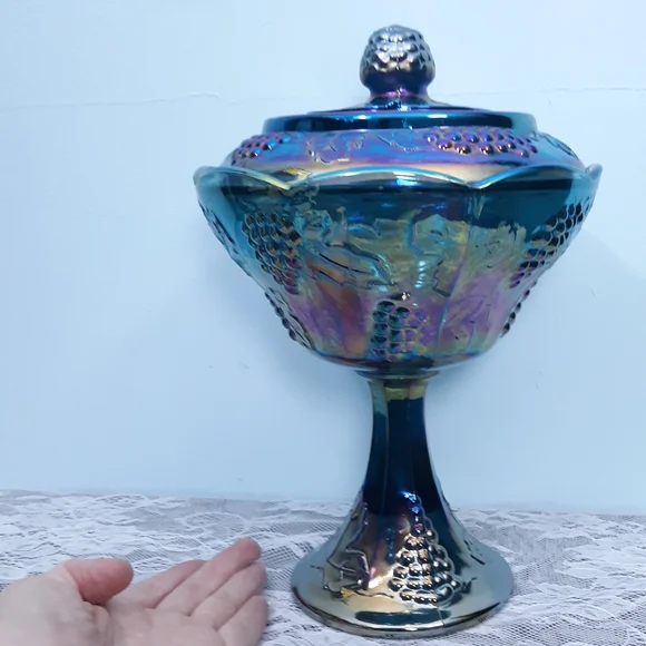Indiana Blue Iridescent Carnival Glass Pedestal Compote Harvest Grape Purple Lid - Picture 5 of 16